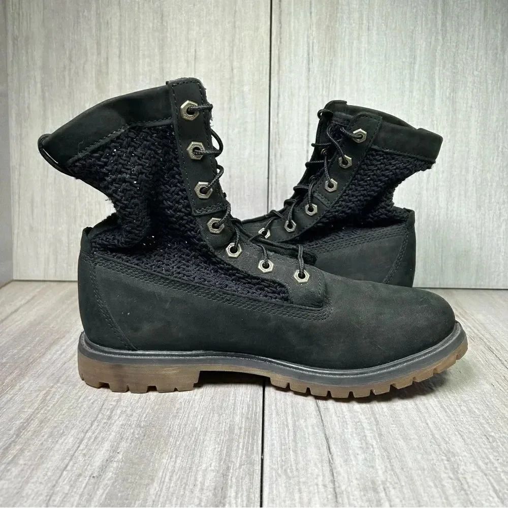 Timberland Black Suede Weave Knit Upper Ankle Boots Combat Bootie Women’s Size 9 - Picture 4 of 10